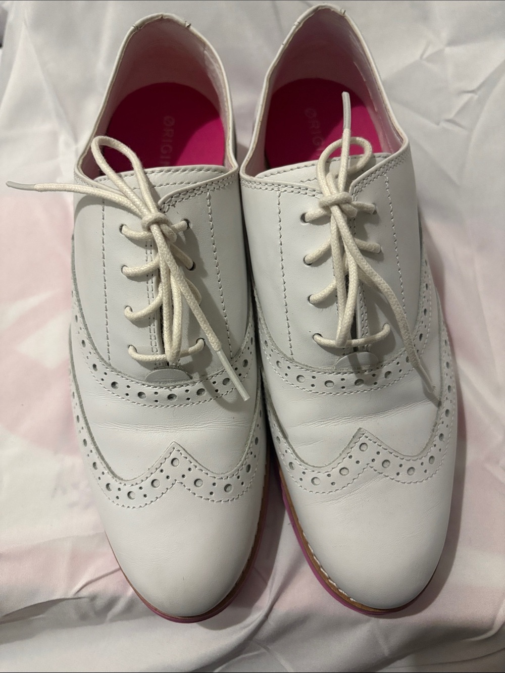 Cole Haan White Wingtip Oxford Flats with Pink Insoles